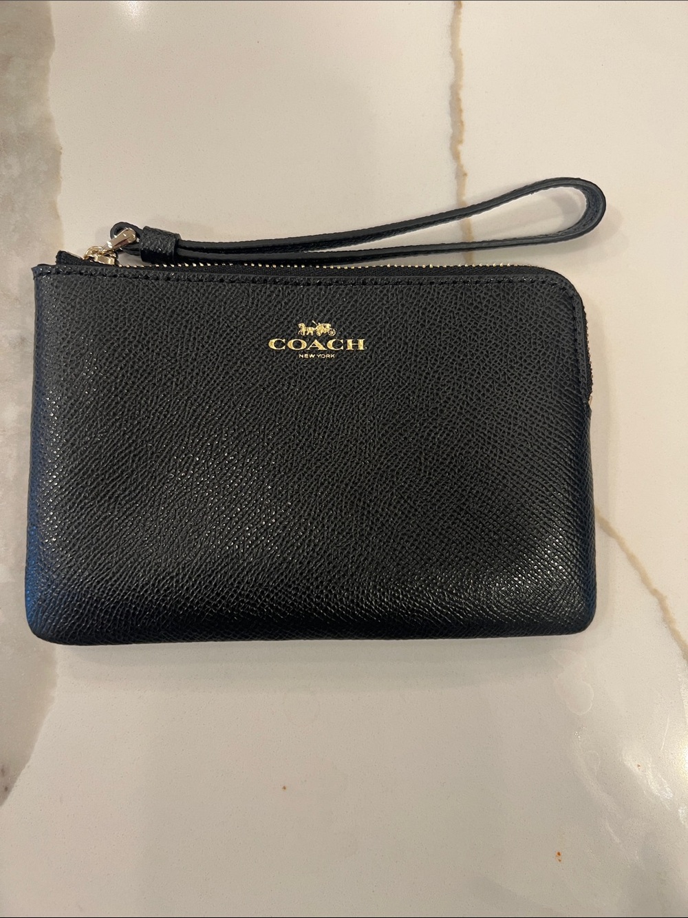 Coach Black Leather Wristlet Pouch with Gold Logo